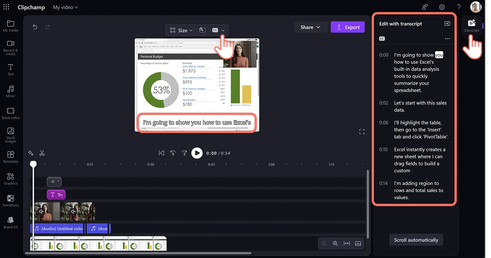 A user making captions and a video transcript with the AI subtitle generator for a product demo video in Clipchamp for work.