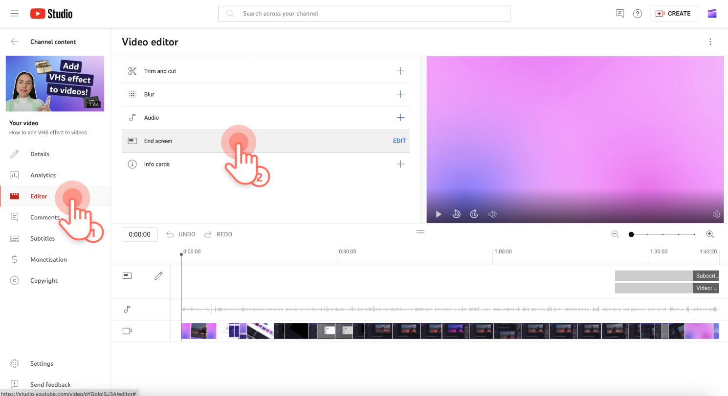 Hình ảnh người dùng trong YouTube Studio thêm màn hình kết thúc vào video.