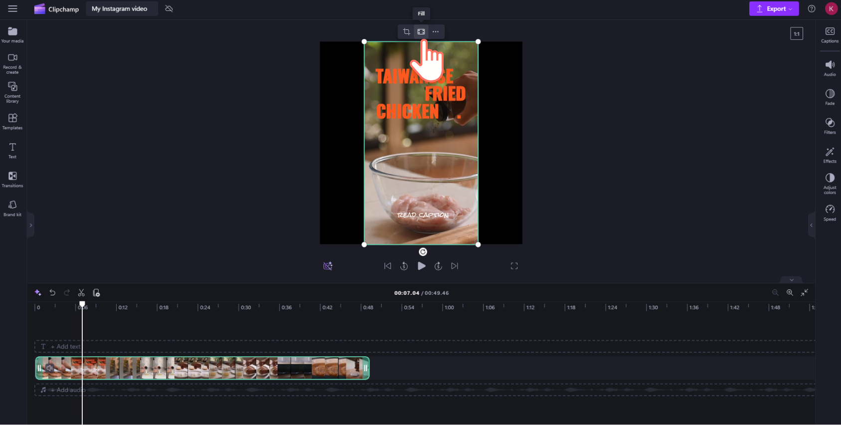 An image of a Clipchamp user hovering their cursor over the fill and fit button to adjust a 16:9 video for a 1:1 aspect ratio.