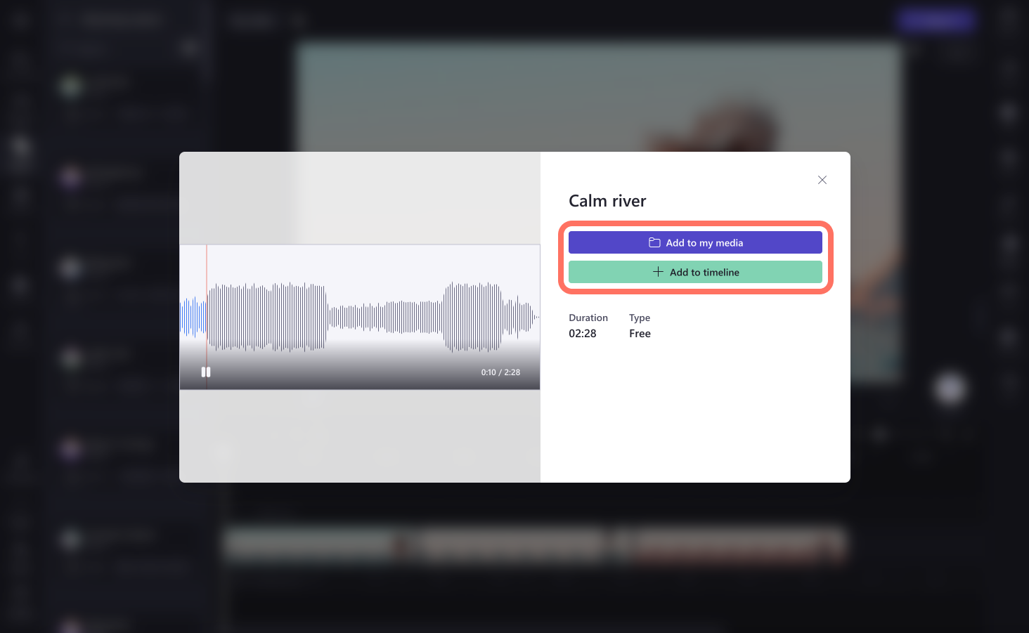 An image of a user clicking on the add audio button.