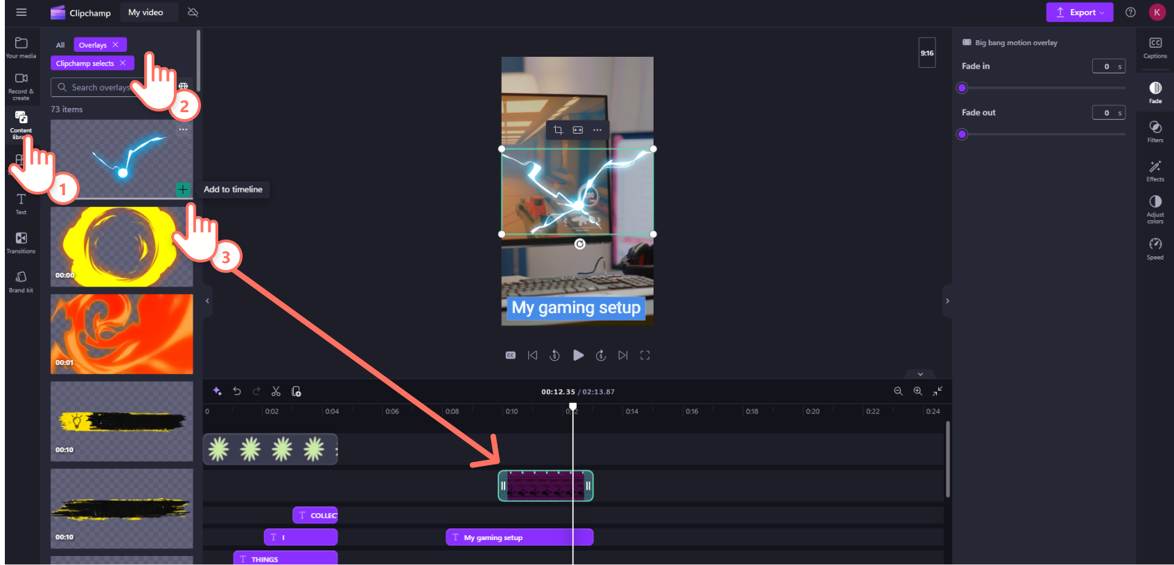 A screenshot of a Clipchamp user dragging an animated overlay onto the editing timeline.