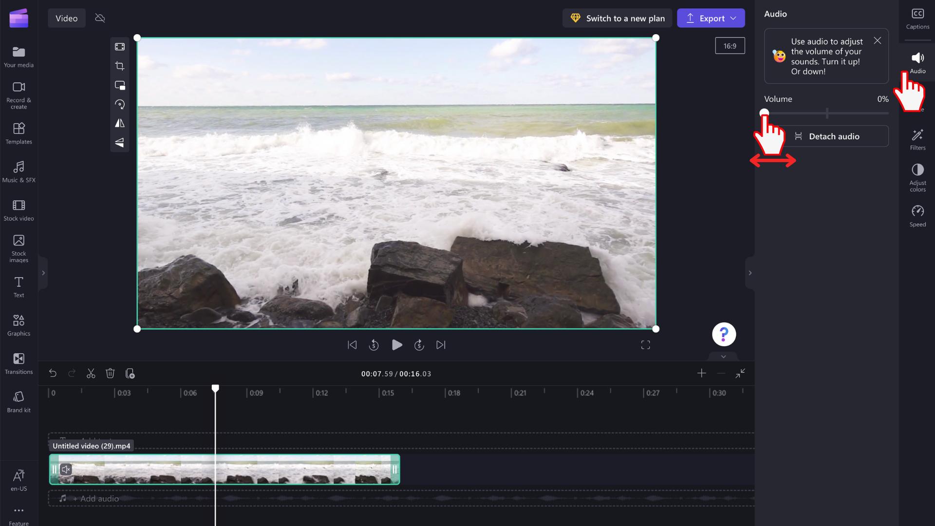 An image of a user editing the volume of a video to mute.