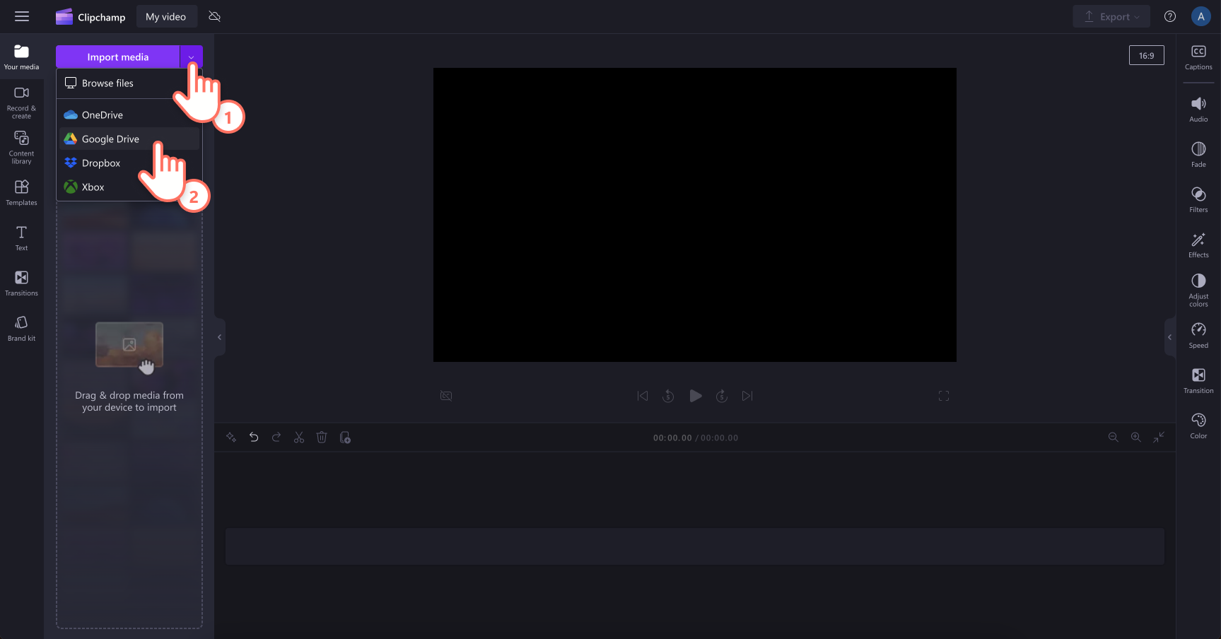 Image of a user accessing Google Drive to import a video into Clipchamp.