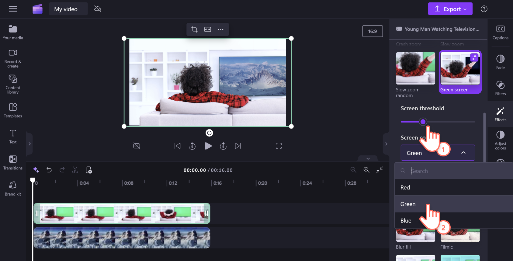 Hình ảnh người dùng đang biên tập với con trượt ngưỡng màn hình xanh.