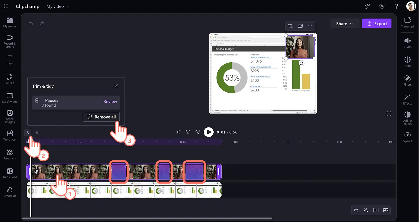 A user removing pauses with the AI silence remover in Clipchamp for work.