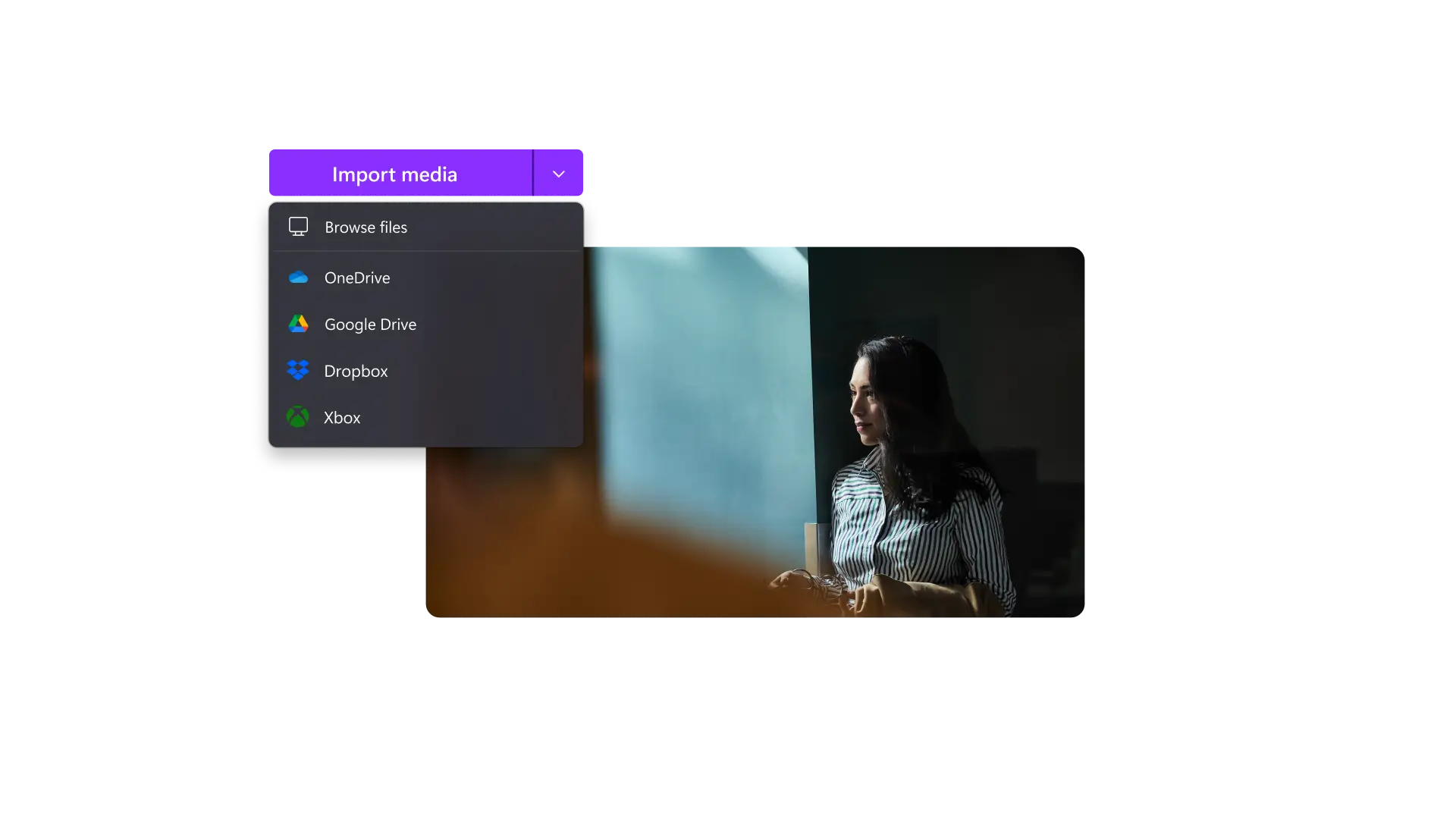 Imej yang menunjukkan cara menambah video pada Clipchamp menggunakan ciri muat naik atau penyepaduan awan