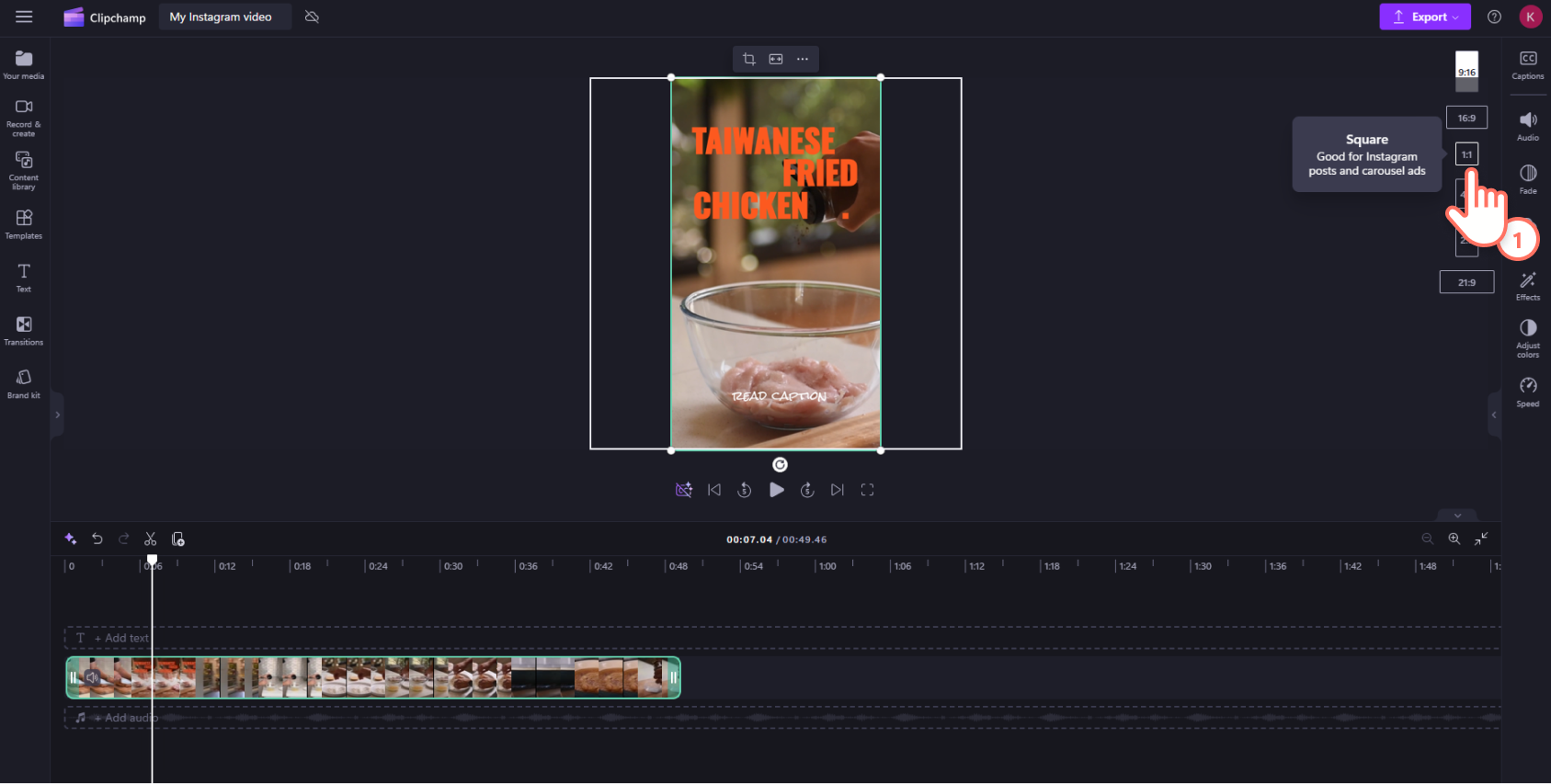 An image of a Clipchamp user changing the aspect ratio of their video to 1:1 for Instagram feed posts.