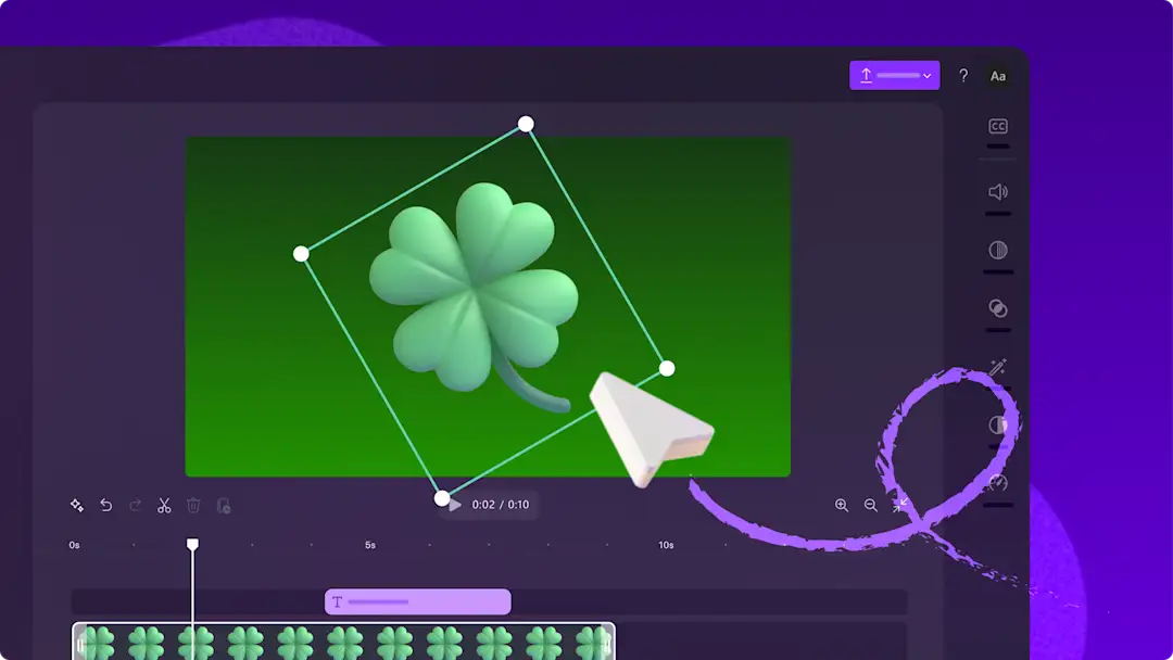 Seorang pengguna menyeret unsur klover berdaun empat ke atas garis masa pengeditan dalam Clipchamp.