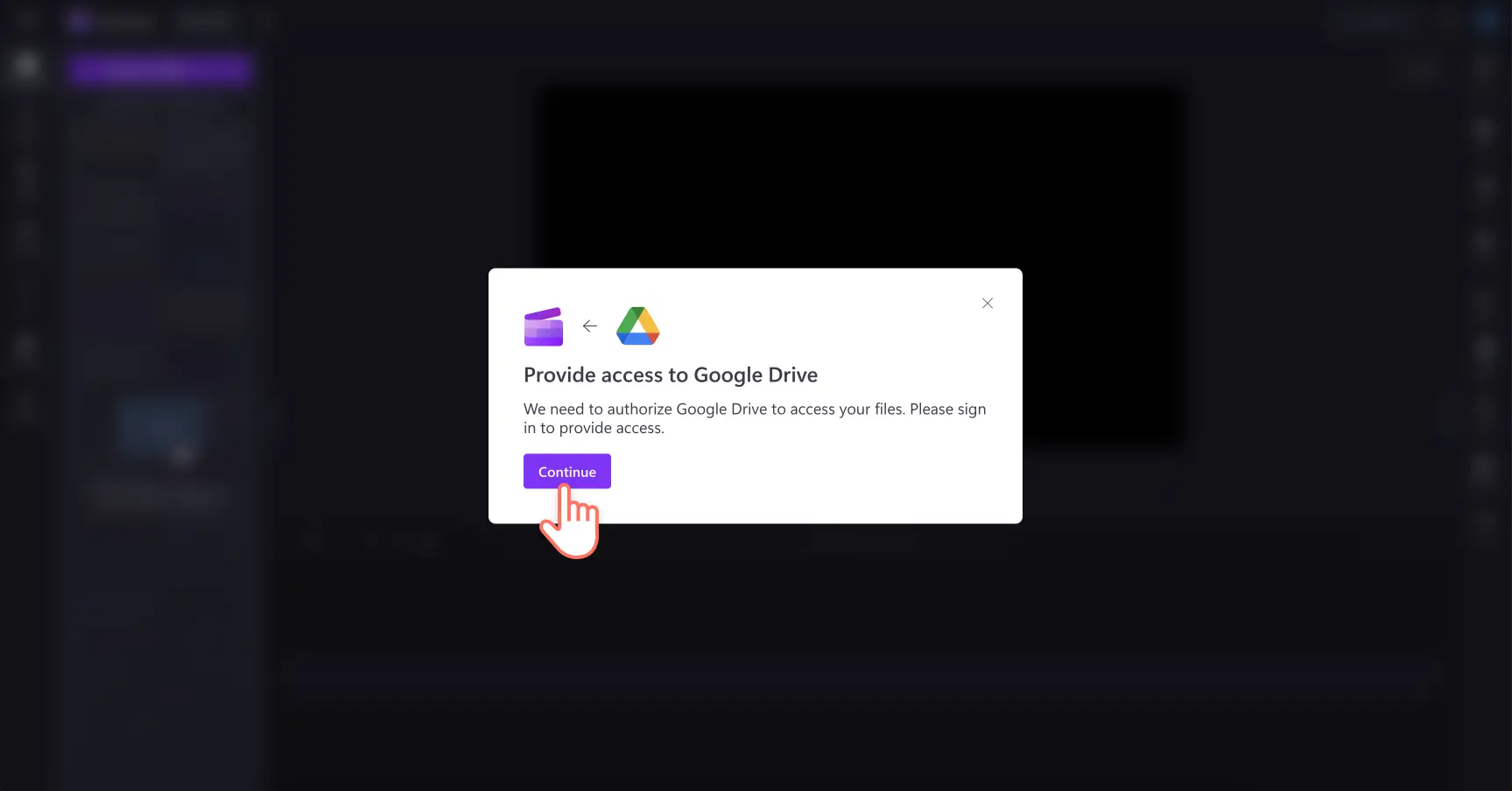 Clipchamp’te Google Drive’a erişim izni veren bir kullanıcının resmi.