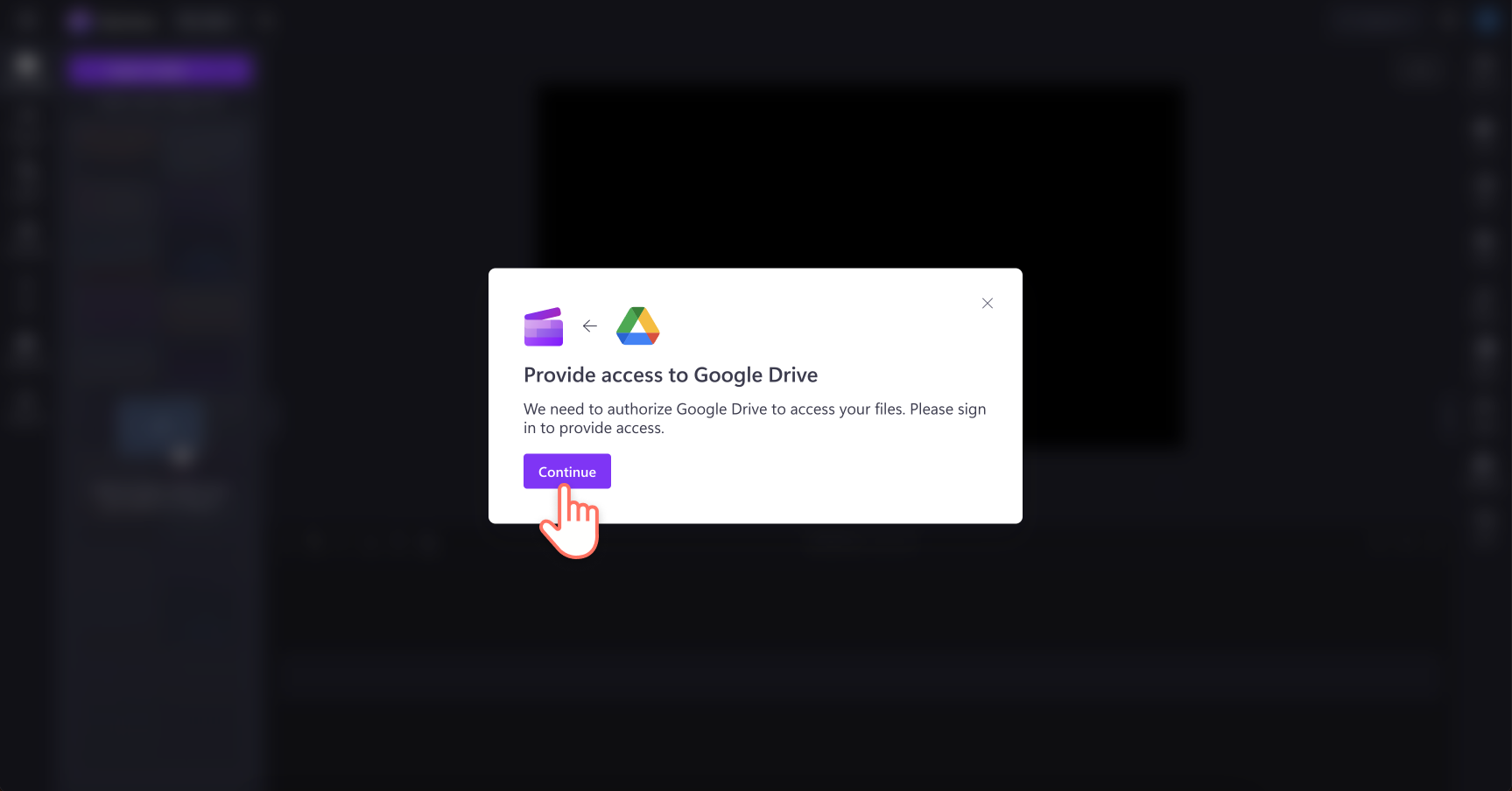 Image of a user providing Clipchamp access to Google Drive.