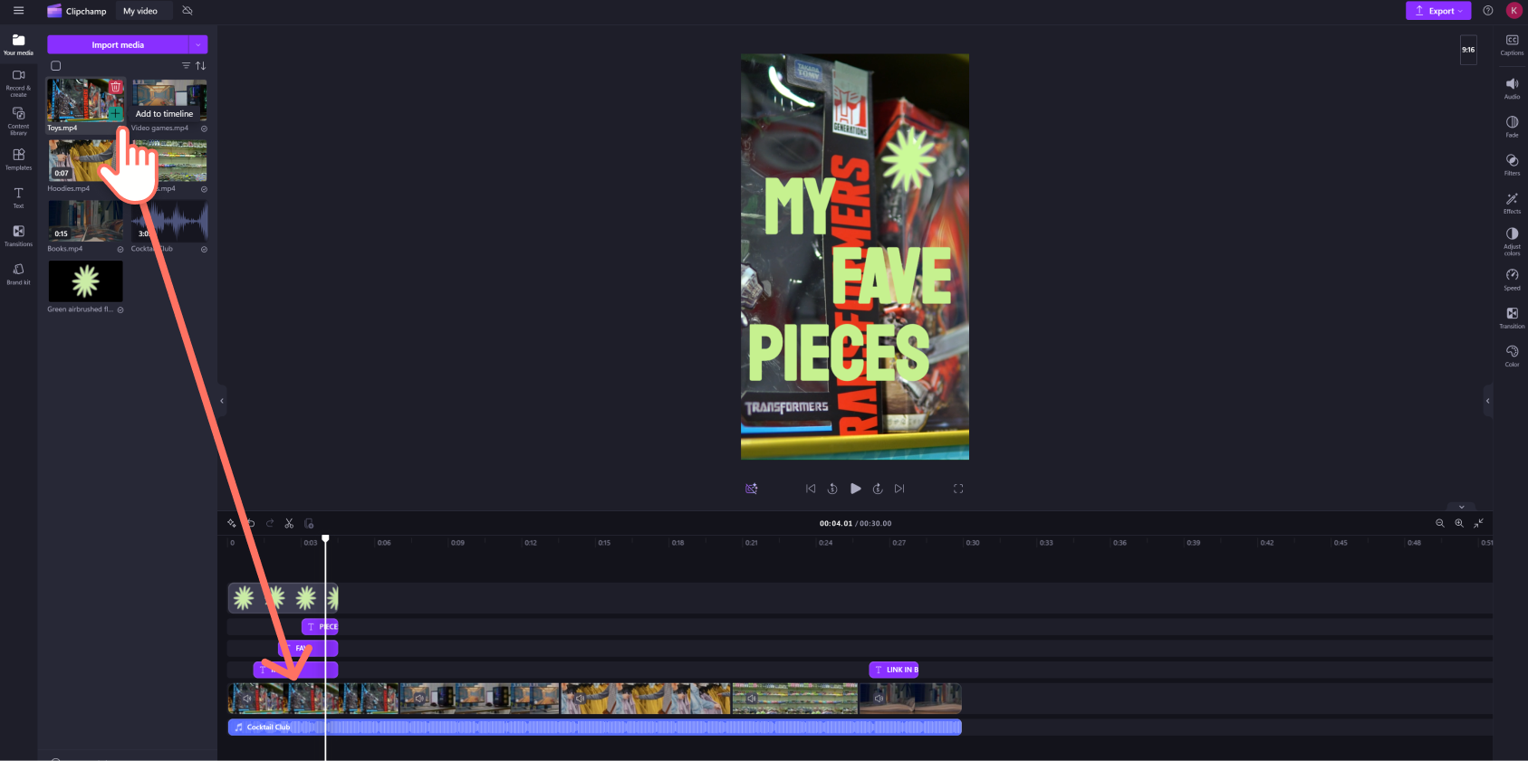 A screenshot of a Clipchamp user dragging their personal videos onto the editing timeline.