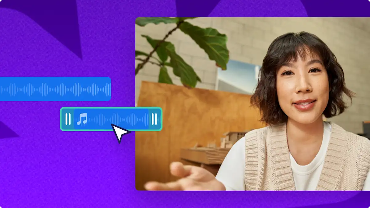 Seorang guru menambahkan runut muzik dan suara pada pelajaran dalam Clipchamp.