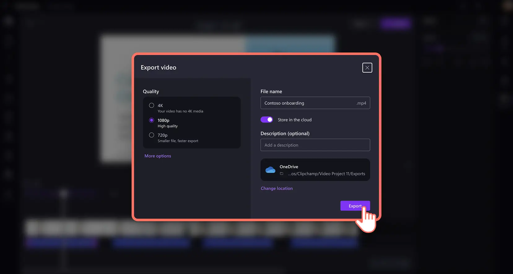 A user saving a high quality AI voiceover and video presentation in Clipchamp for work
