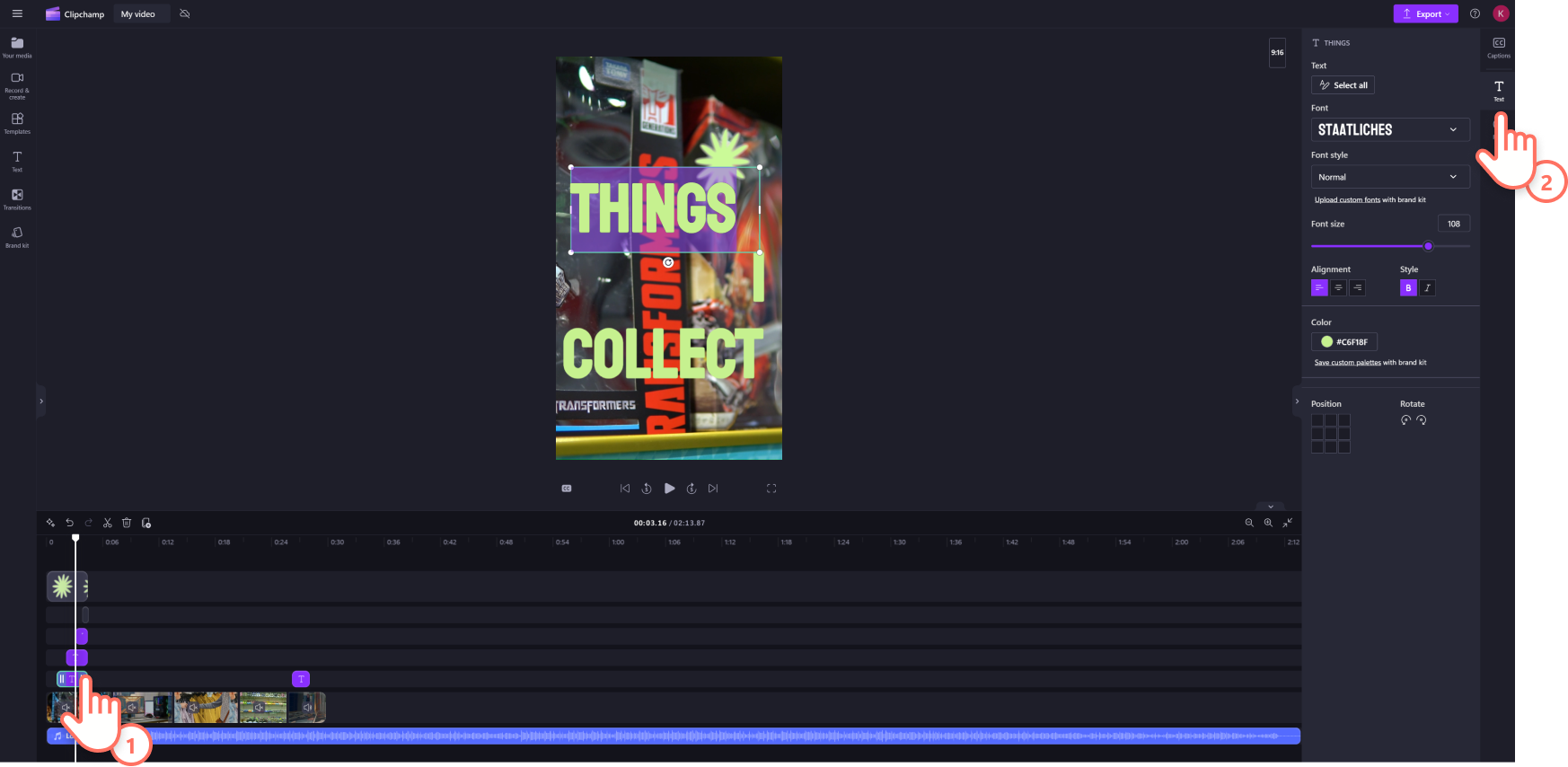 A screenshot of a Clipchamp user changing the text of a template.