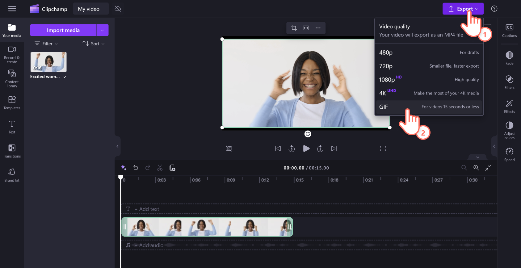 Hình ảnh người dùng Clipchamp đang xuất video dưới dạng GIF.