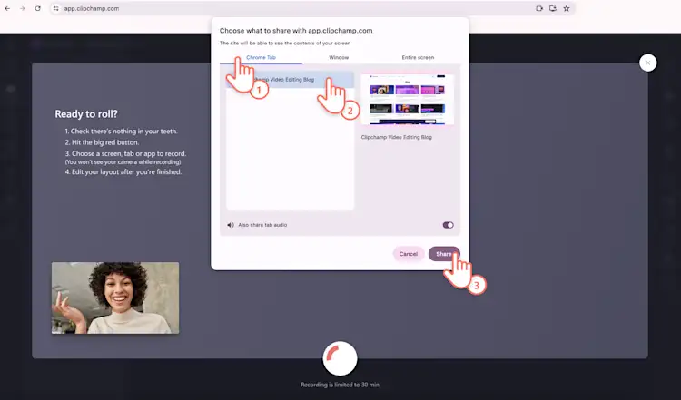Imej seorang pengguna mengklik pada pilihan tab chrome kemudian butang kongsi.