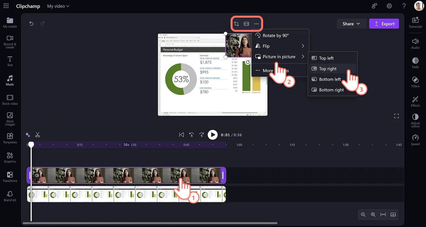 A user applying the picture in picture overlay to a video asset for a product demo video in Clipchamp for work.