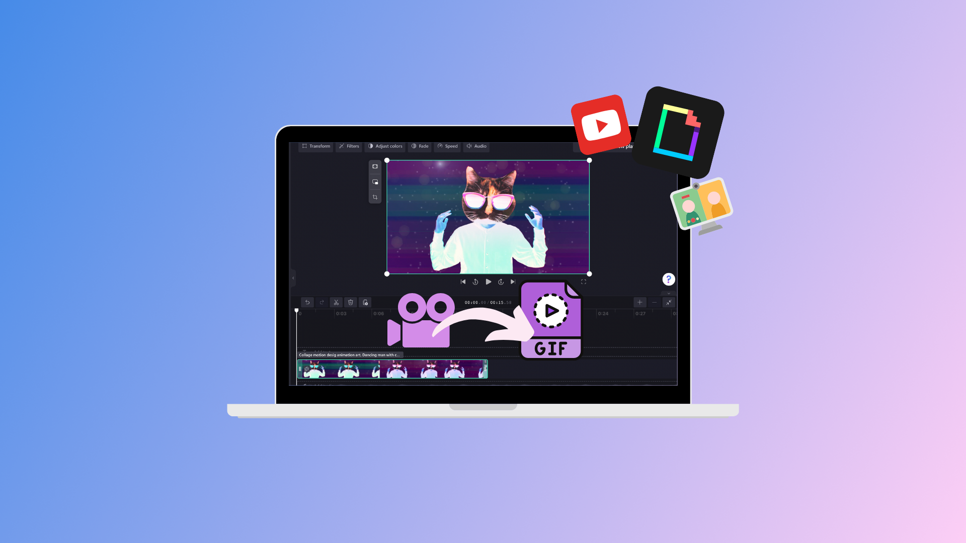 Image of laptop with YouTube logo and GIF logo on screen.