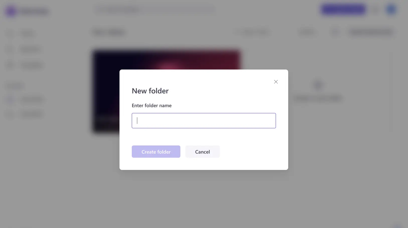 A screenshot of the "Create a folder" pop up in Clipchamp.