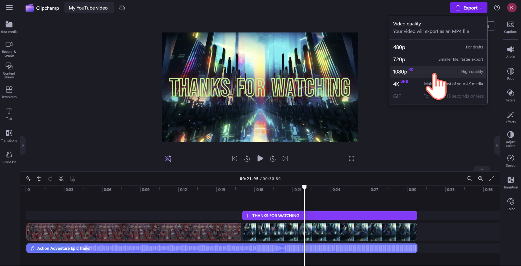 An image of a Clipchamp user selecting the1080p video resolution when exporting a YouTube video.
