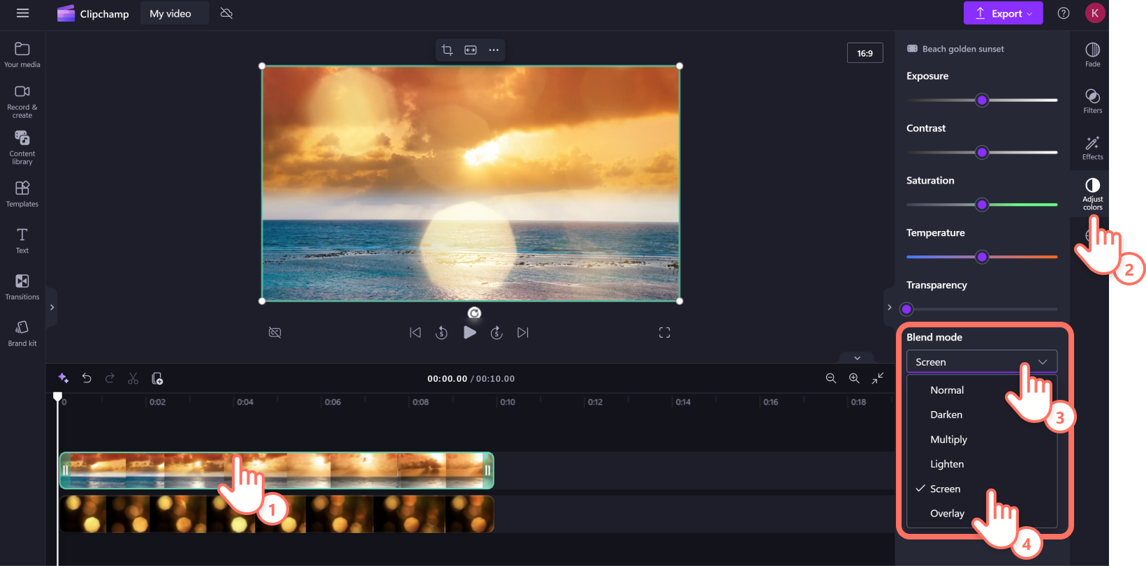 A user applying the screen overlay to the top video layer in Clipchamp.