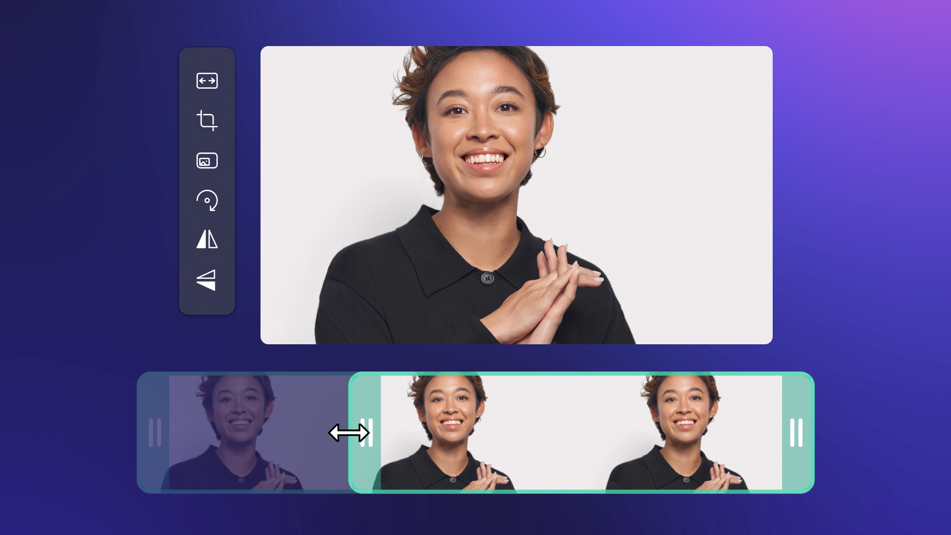 An image of trimming tool reducing the length of truyền thông media in Clipchamp. The stock truyền thông media shows a smiling with her hands clasped. 