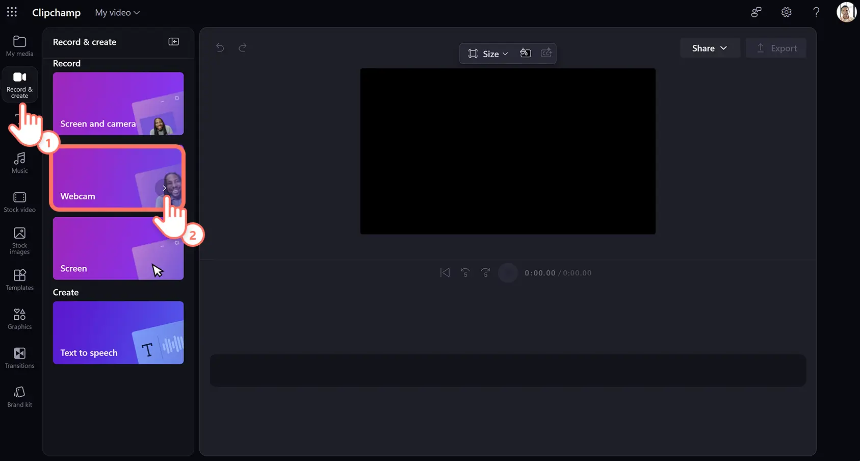 A user opening the webcam recorder in Clipchamp for work.