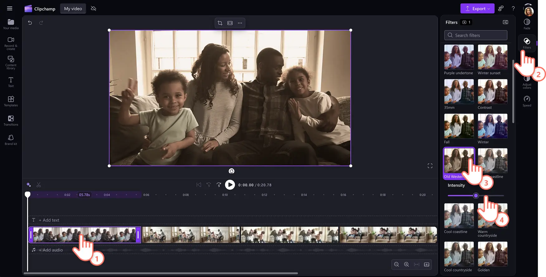A user previewing any filter on a video clip in Clipchamp