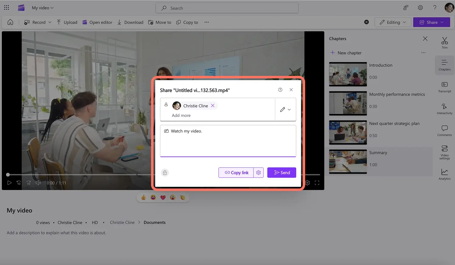 A user sharing the video chapter in Clipchamp.