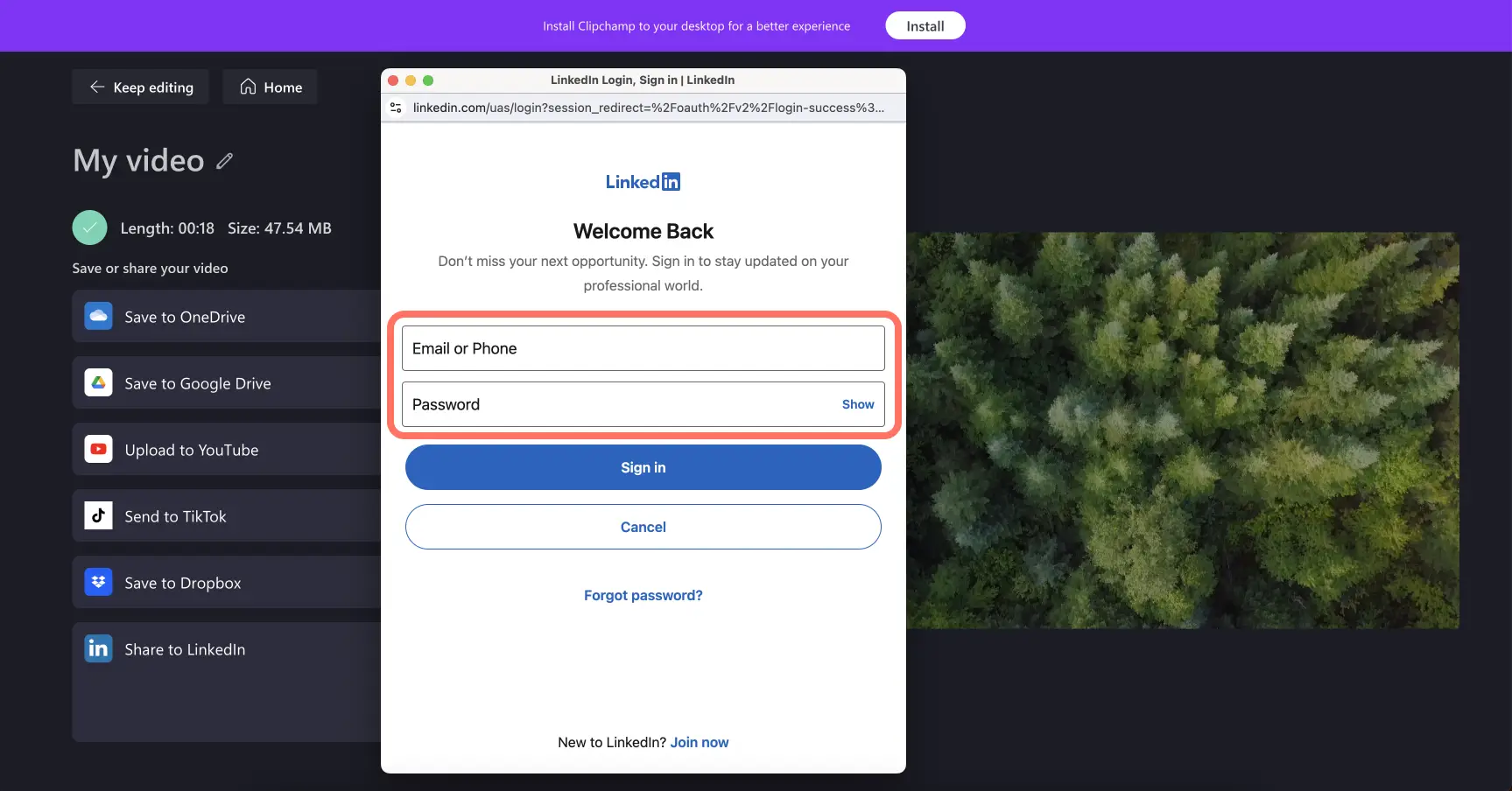Hình ảnh người dùng đăng nhập vào LinkedIn để kết nối với Clipchamp.
