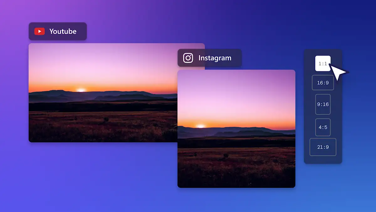 Imej mewakili alat pemilih nisbah aspek video dalam Clipchamp yang boleh menukar video YouTube kepada saiz yang betul untuk Instagram dengan satu klik.