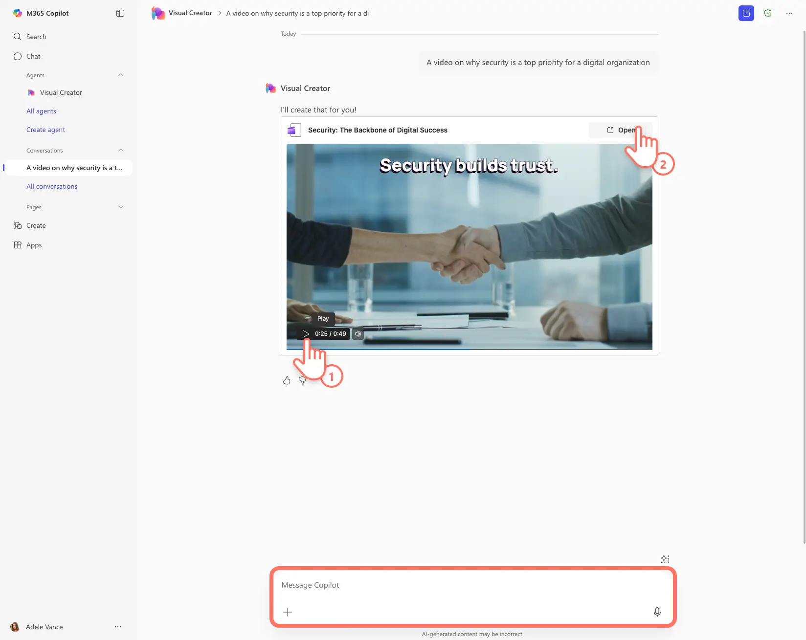 A user reviewing an AI generated video in Copilot chat