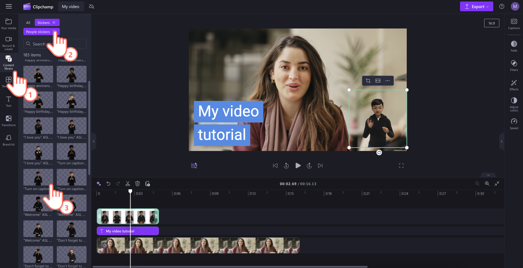 An image of a user adding ASL stickers to their video.