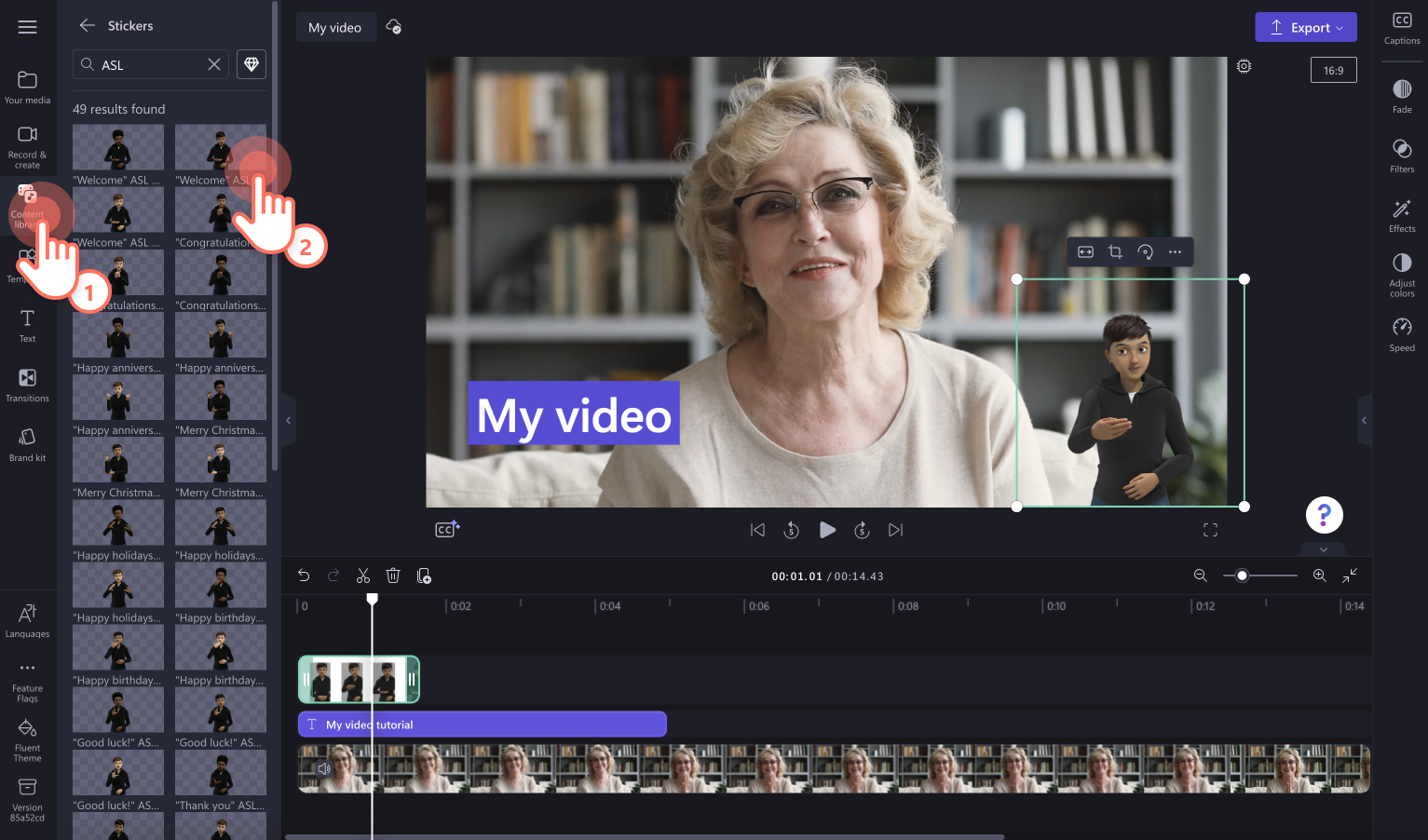 An image of a user adding ASL stickers to their video.