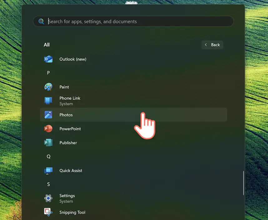 Un'immagine delle opzioni del menu Start di Windows 11 con l'app Foto selezionata