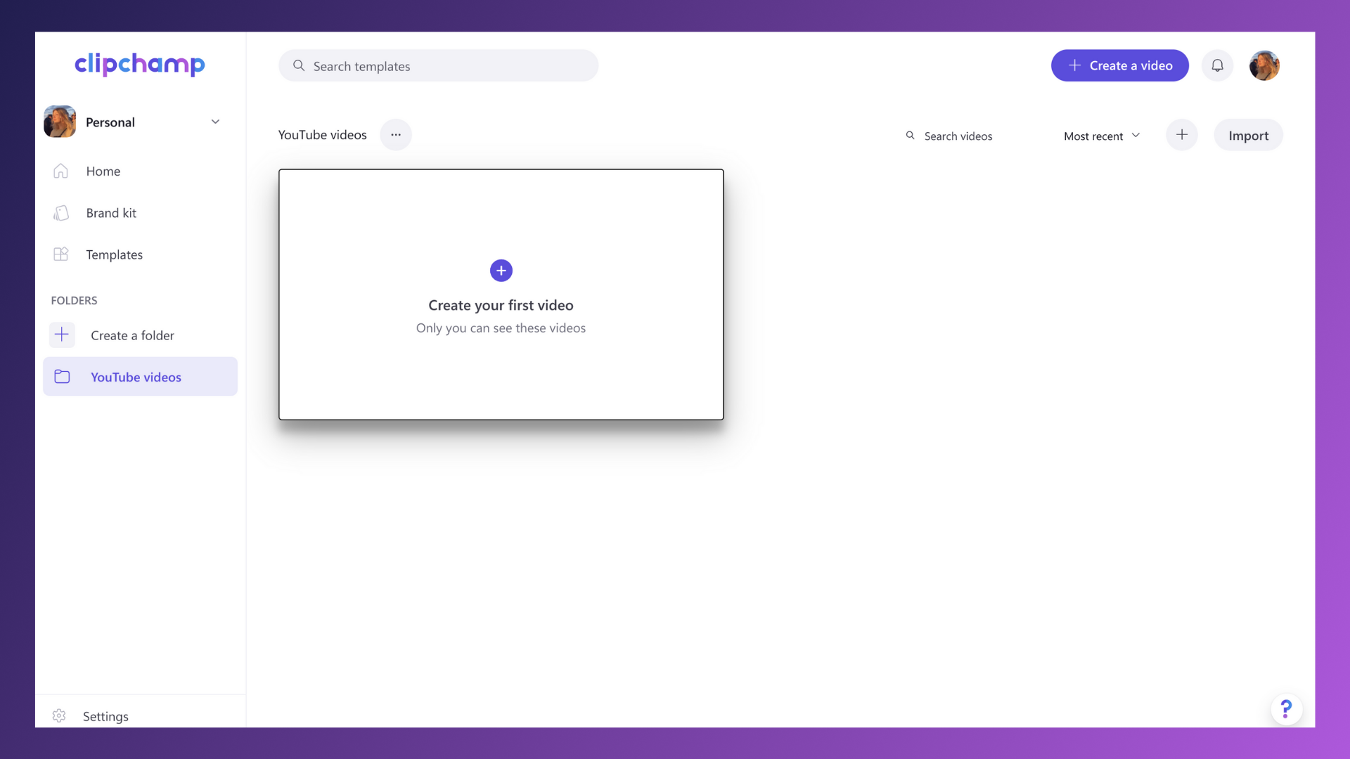 A screenshot of an empty folder in Clipchamp, the curser hovers over a prompt to create a new video.