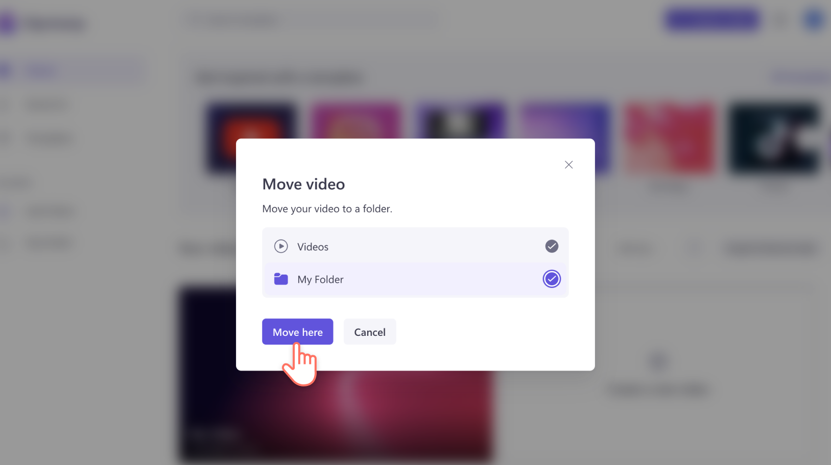 A screenshot of the "Move video" pop up in Clipchamp, the "My folder" folder is selected.