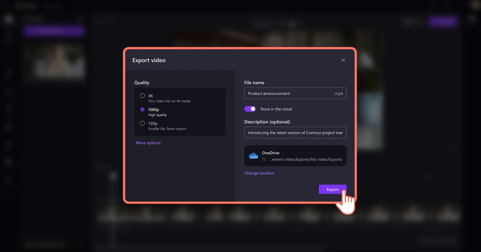 A user saving a high quality video in Clipchamp for work