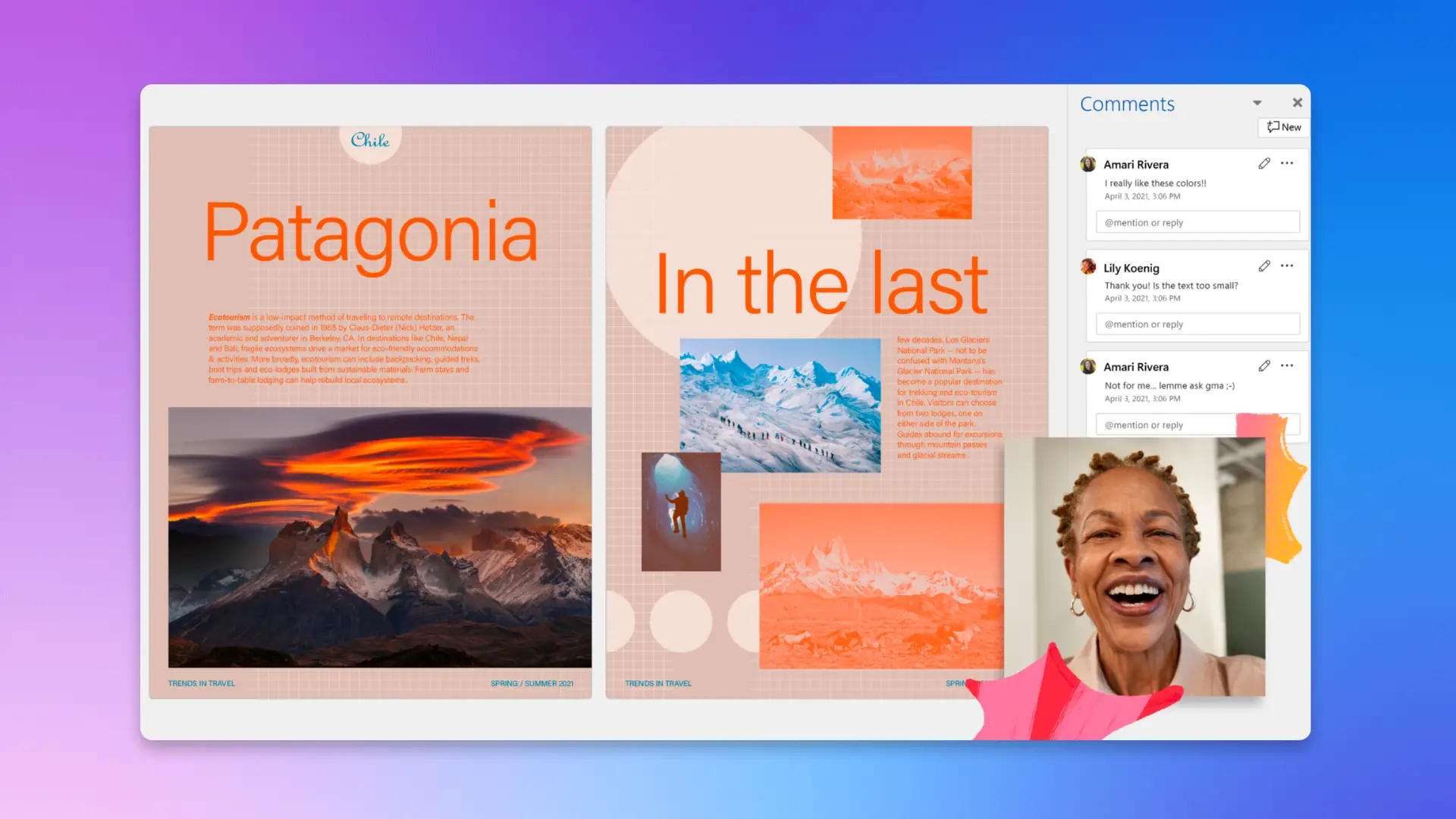 An image of a presentation background with an overlay of a woman smiling into her webcam.