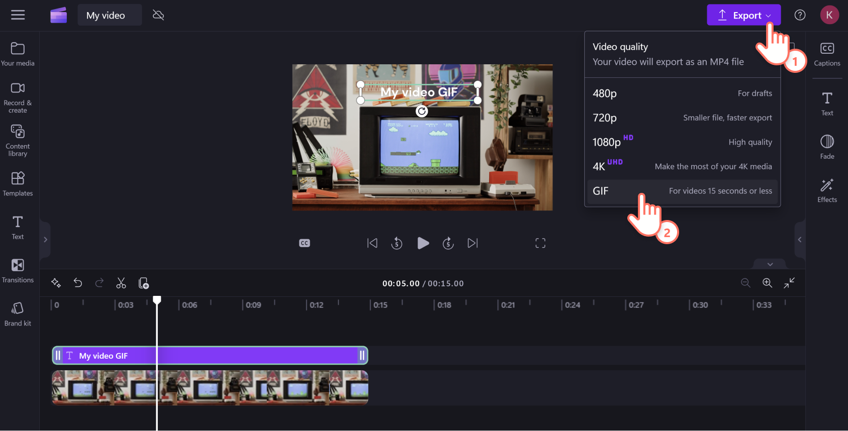 Una imagen de un usuario de Clipchamp exportando su vídeo de YouTube como GIF.