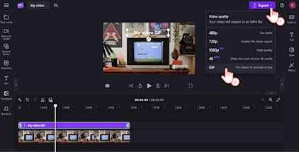 Una imagen de un usuario de Clipchamp exportando su vídeo de YouTube como GIF.