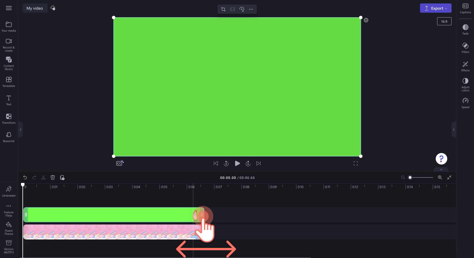 An image of a user trimming the green screen video on the timeline.