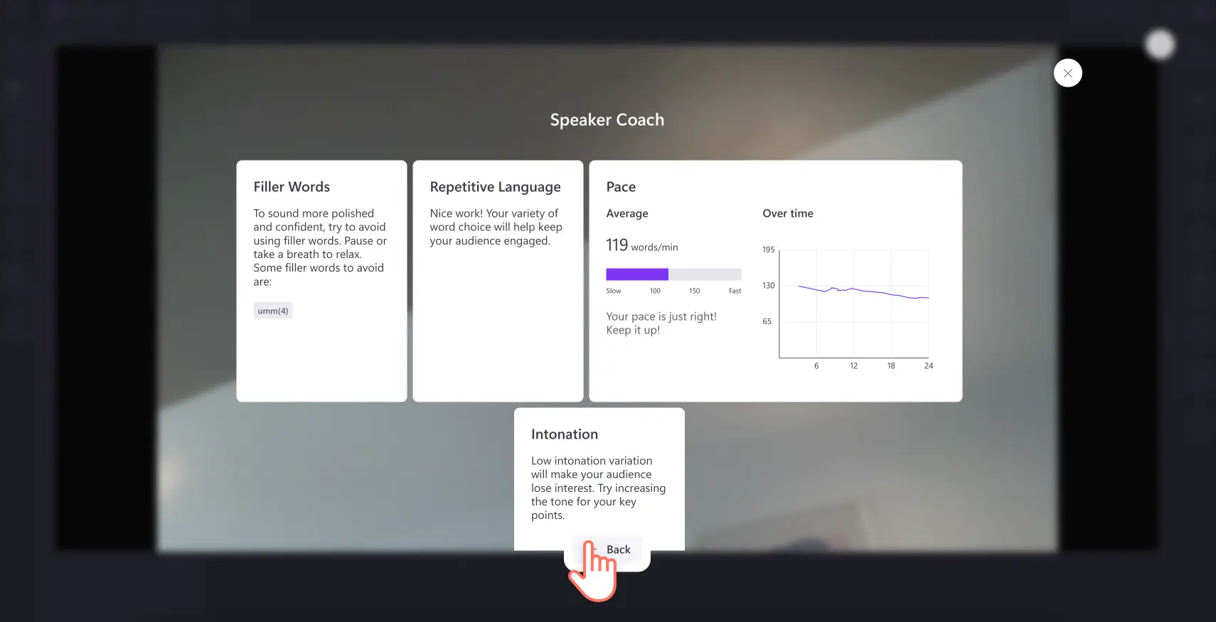 A user reviewing pitch pace tone and filler words report in Clipchamp.