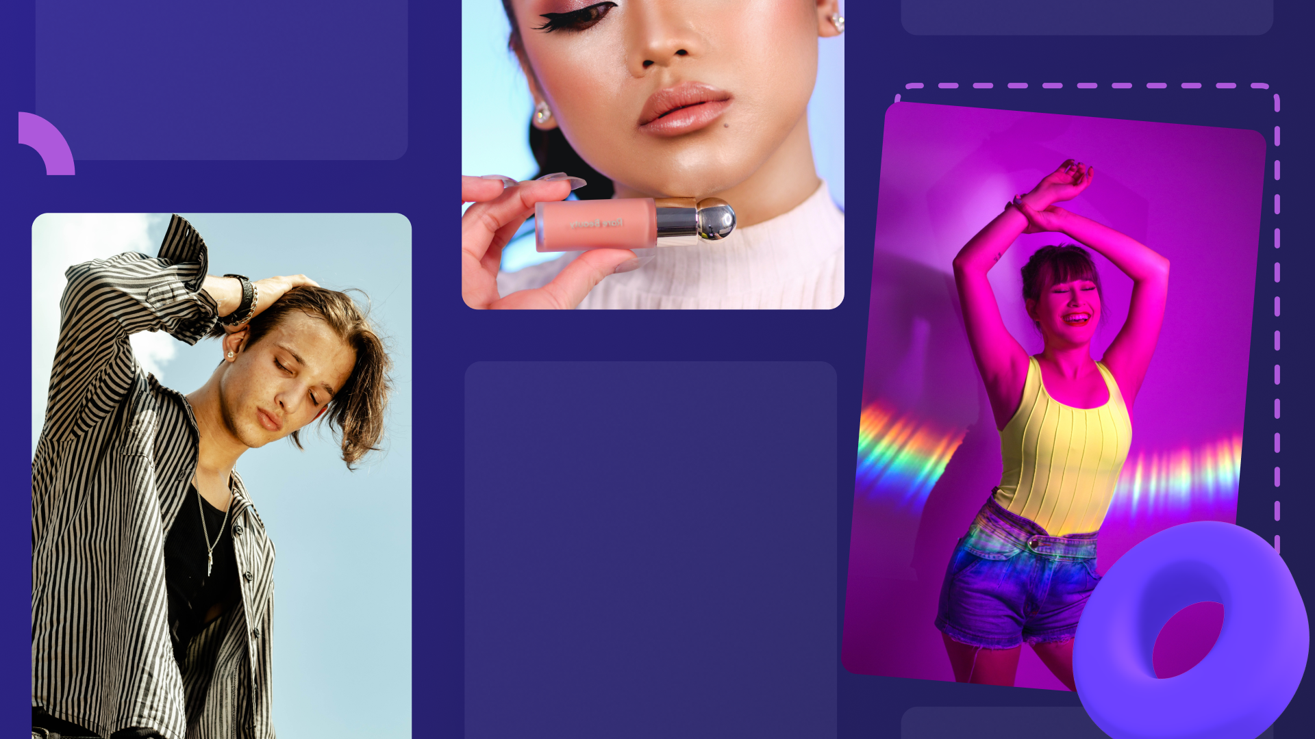 Three portrait-sized images of TikTok creators on a purple background. A young man posing for the camera, a young woman holding a lipstick, and a young woman performing a dance.
