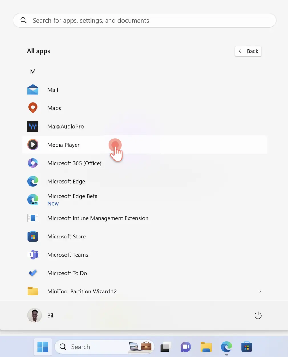 Een afbeelding van de opties in het Windows 11-startmenu waarin Media Player is geselecteerd