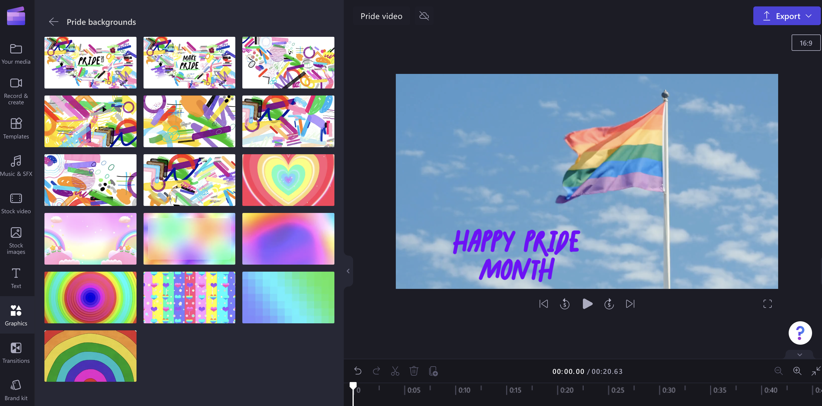 Pride month graphic backgrounds in Clipchamp