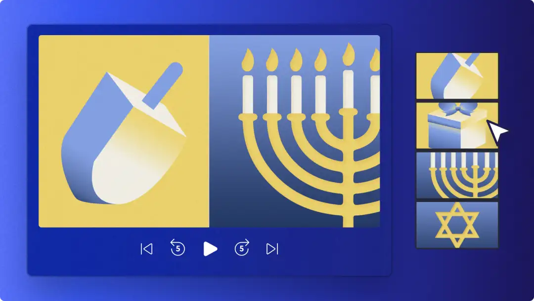 A user adding Hanukkah images and stickers to a video in Clipchamp.