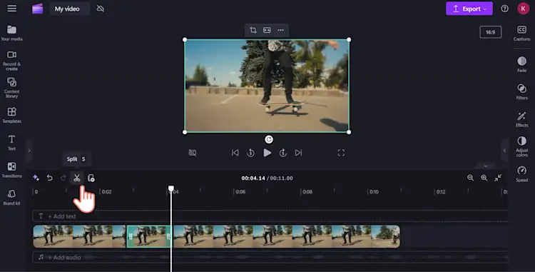 An image of a Clipchamp user clicking the split button after moving the seeker to the right.