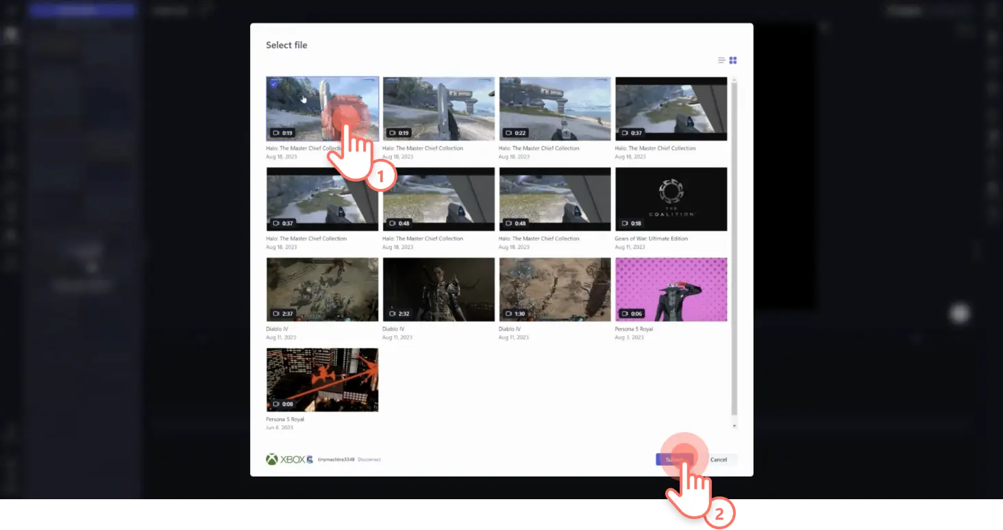 Imej seorang pengguna memilih video Xbox untuk diimport.