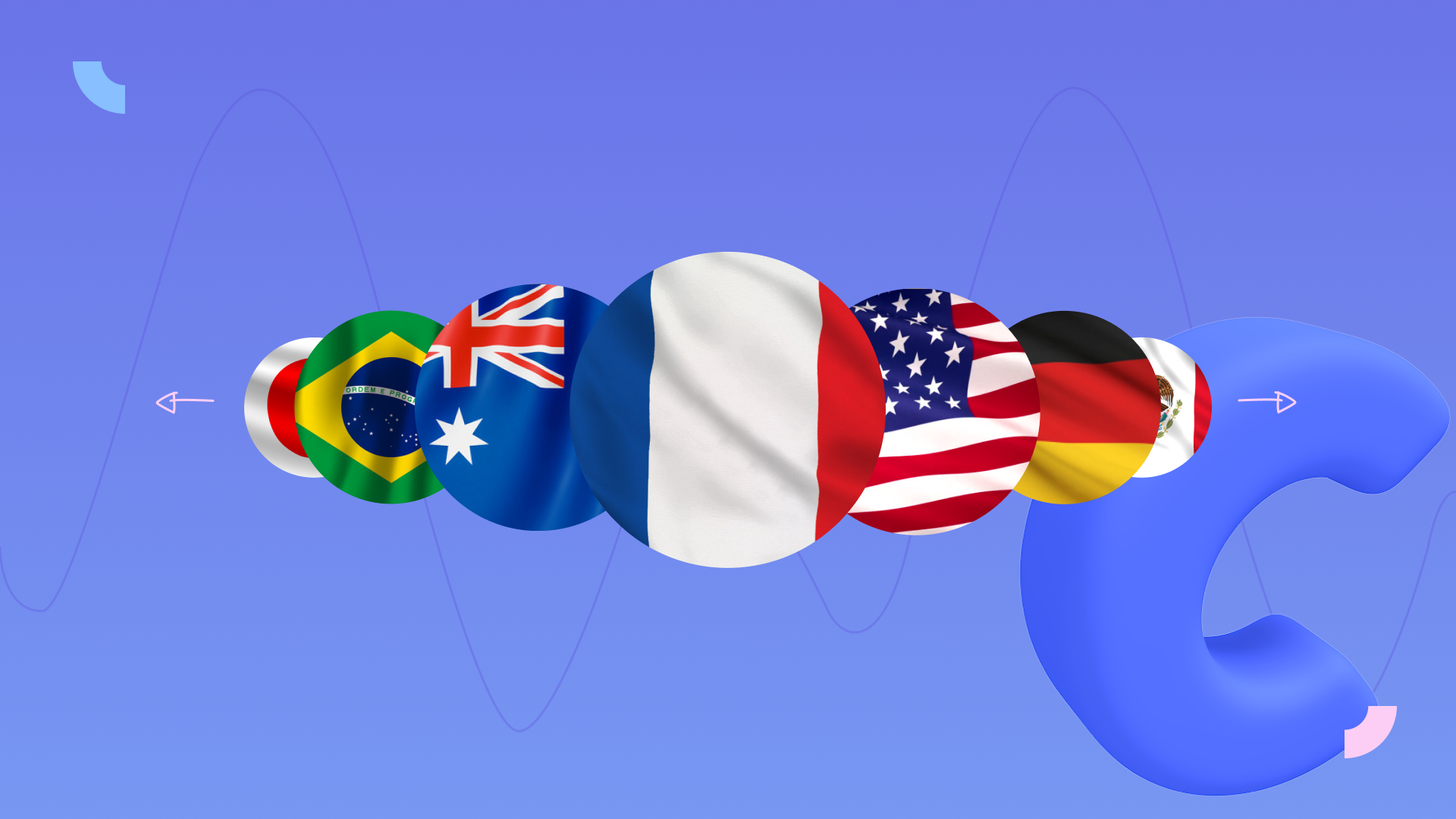 Добірка прапорів різних країн, яка зображує різноманіття мов, що підтримуються генератором мовлення Clipchamp.